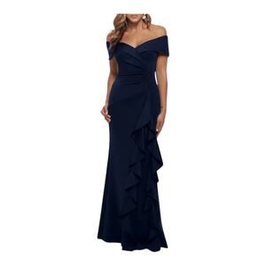 Xscape 4581XN Ruffle off the shoulder scuba knit gown blue size 16